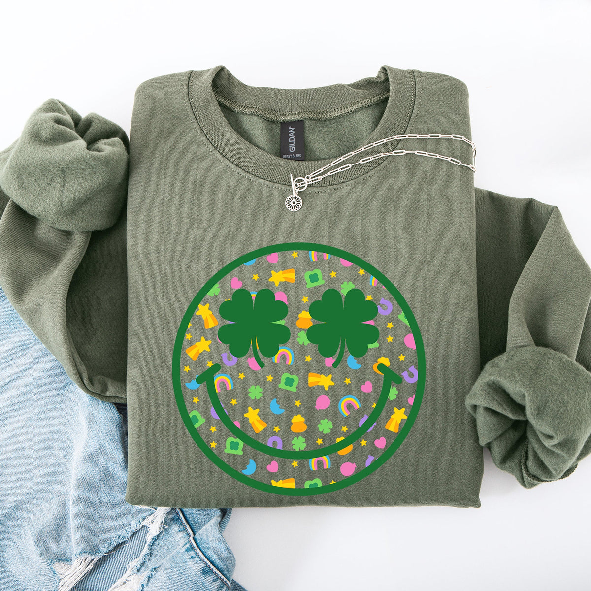 Lucky Smiley Retro Charms St Patrick's Day Shamrock Clover Leprechaun Sweatshirt