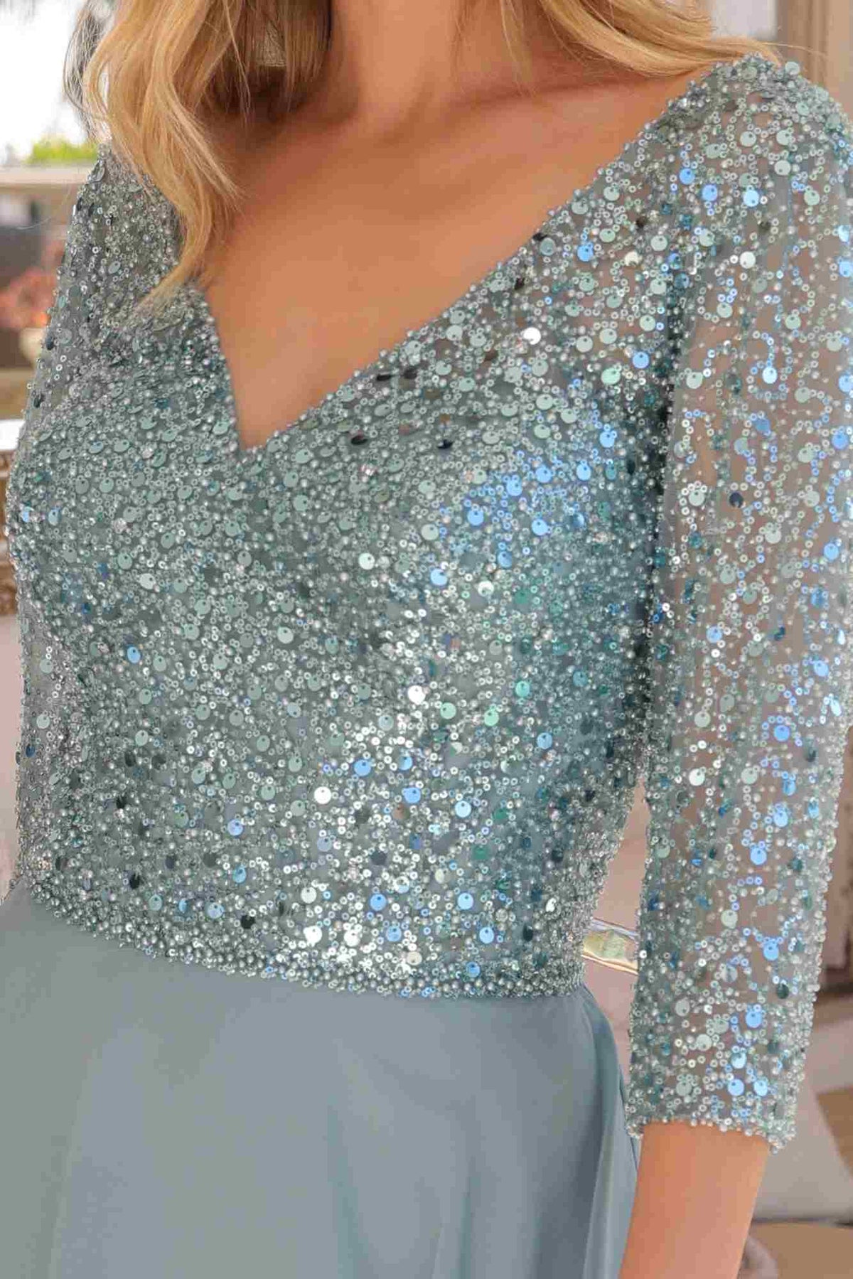 Nox Anabel MF104 Tea Length Sequin Bodice Short 3/4 Sleeve Dress