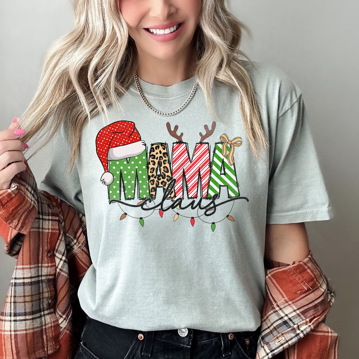 Mama Claus Santa Plaid Leopard Print Christmas Festive Pattern Comfort Colors Tee