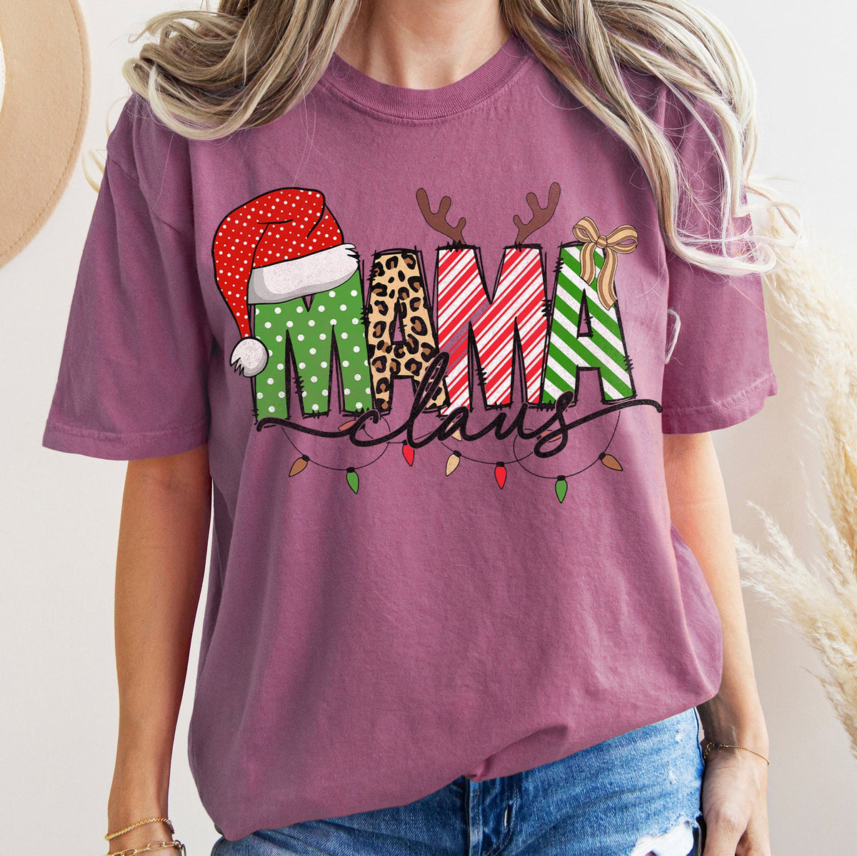 Mama Claus Santa Plaid Leopard Print Christmas Festive Pattern Comfort Colors Tee