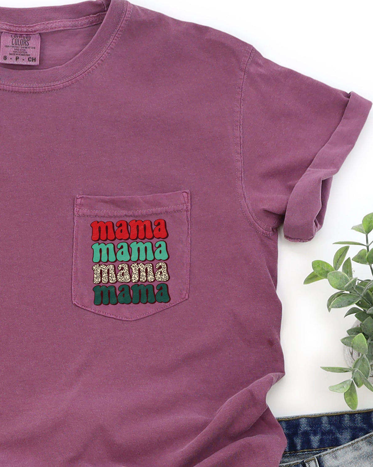 Mama Mama Mama Mama Christmas Pocket Leopard Print Red Green Winter Snow Xmas Comfort Colors Tee