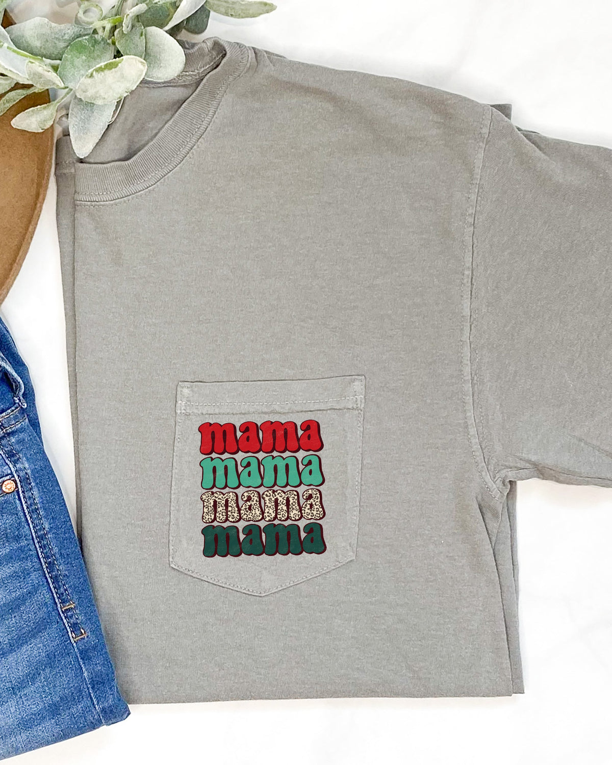 Mama Mama Mama Mama Christmas Pocket Leopard Print Red Green Winter Snow Xmas Comfort Colors Tee