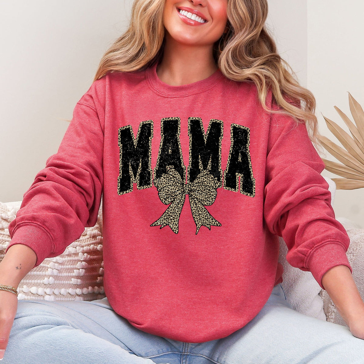 Uniquely Styled Mama Leopard Print Bow Ribbon Embellished Cozy Mother's Day Sweatshirt