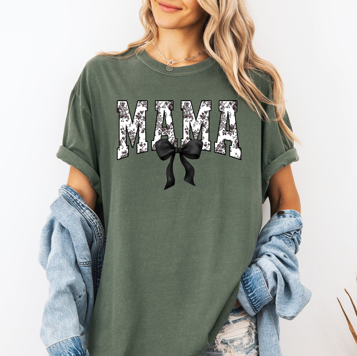 Mama Bow Ribbon Chinoiserie Coquette Varsity Mother's Day Edition Comfort Colors Tee