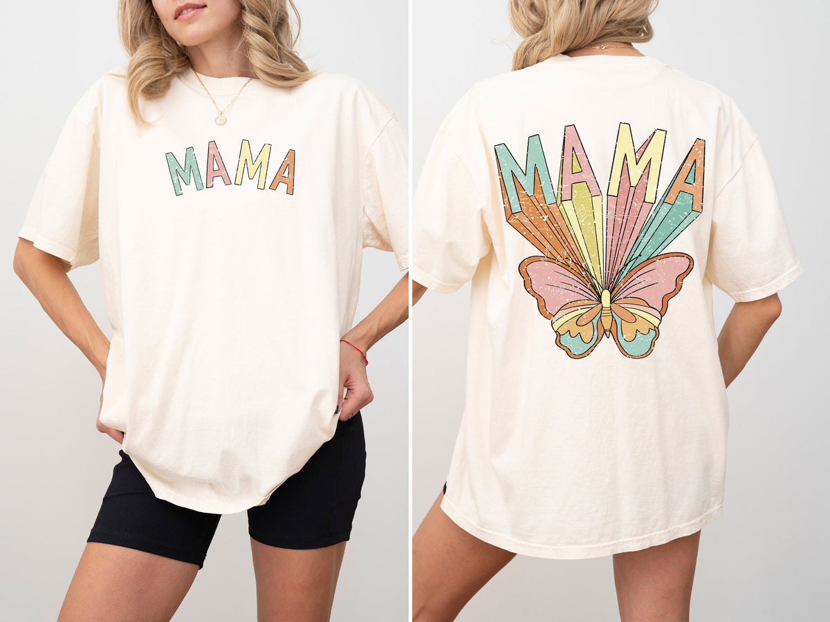 Mama Butterfly Colorful Mother's Day Front And Back Retro Psychedelic Vibe Comfort Colors Tee