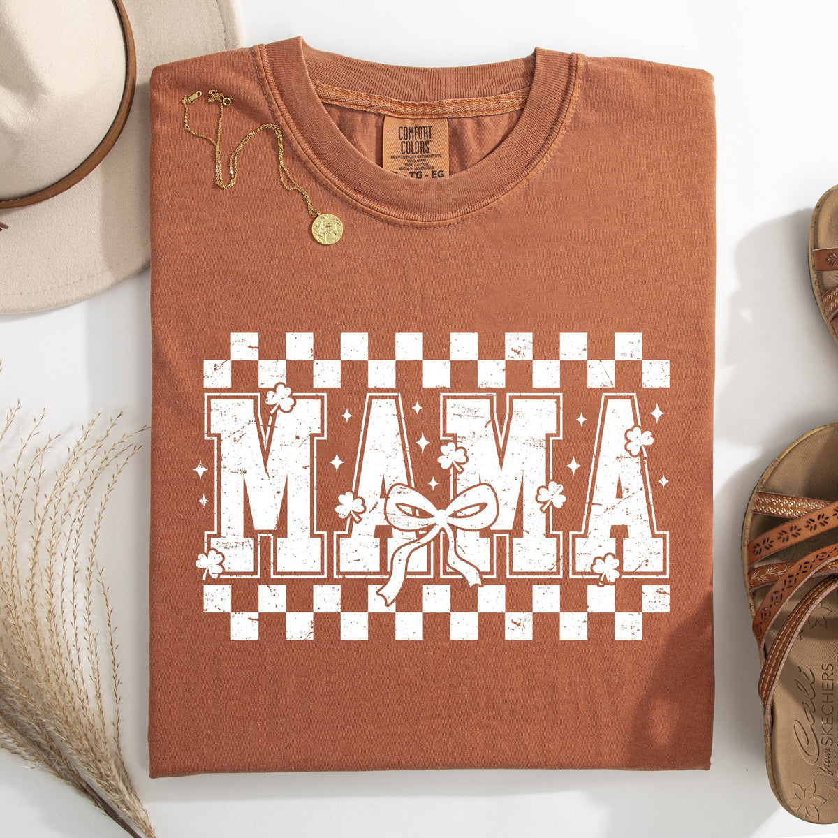 Mama Checkered Bow Ribbon St Patrick's Day Shamrock Clover Lucky Leprechaun Comfort Colors Tee