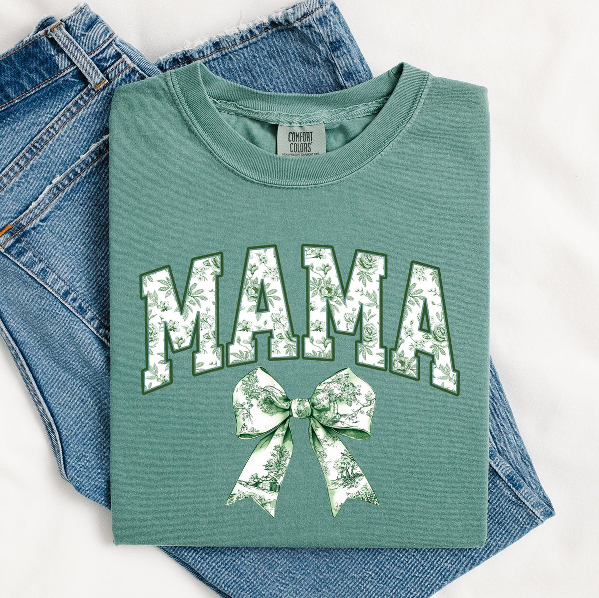 Mama Chinoiserie Coquette Bow Ribbon St Patrick's Day Shamrock Clover Lucky Leprechaun Comfort Colors Tee