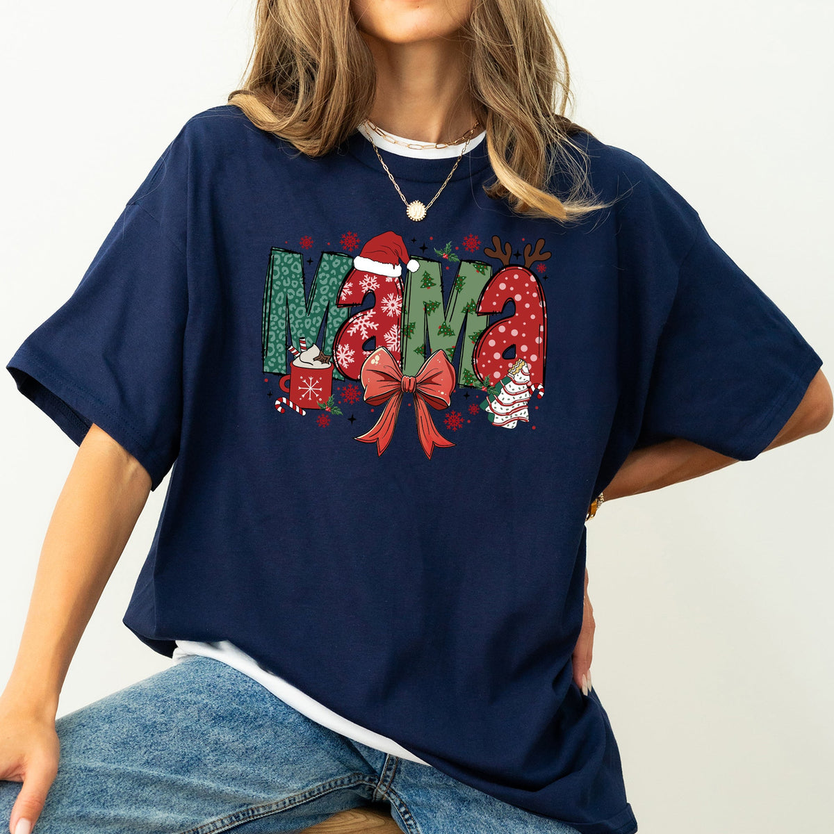 Mama Christmas Fun Reindeer Hot Chocolate Cake Holiday Family Theme Comfort Colors Tee