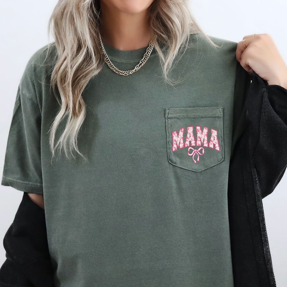 Mama, Coquette, Pocket, Ribbons, Bows Comfort Colors Tee