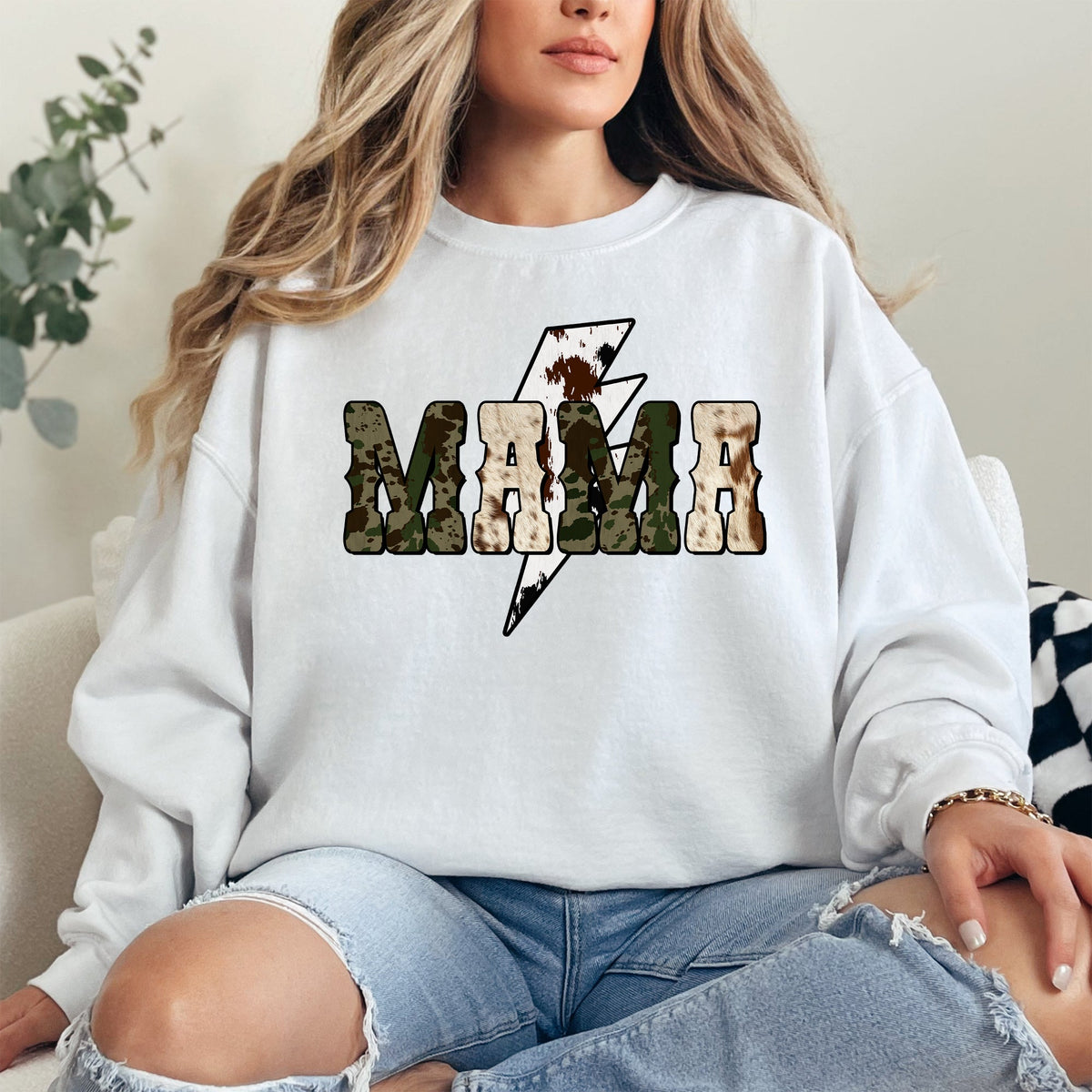 Mama Cow Print Checkered Lightning Bolt Retro Mother's Day Cozy Vintage Sweatshirt