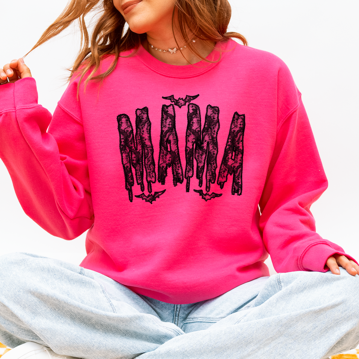 Mama Faux Lace Halloween Coquette Inspired Vintage Gothic Graphic Cozy Sweatshirt