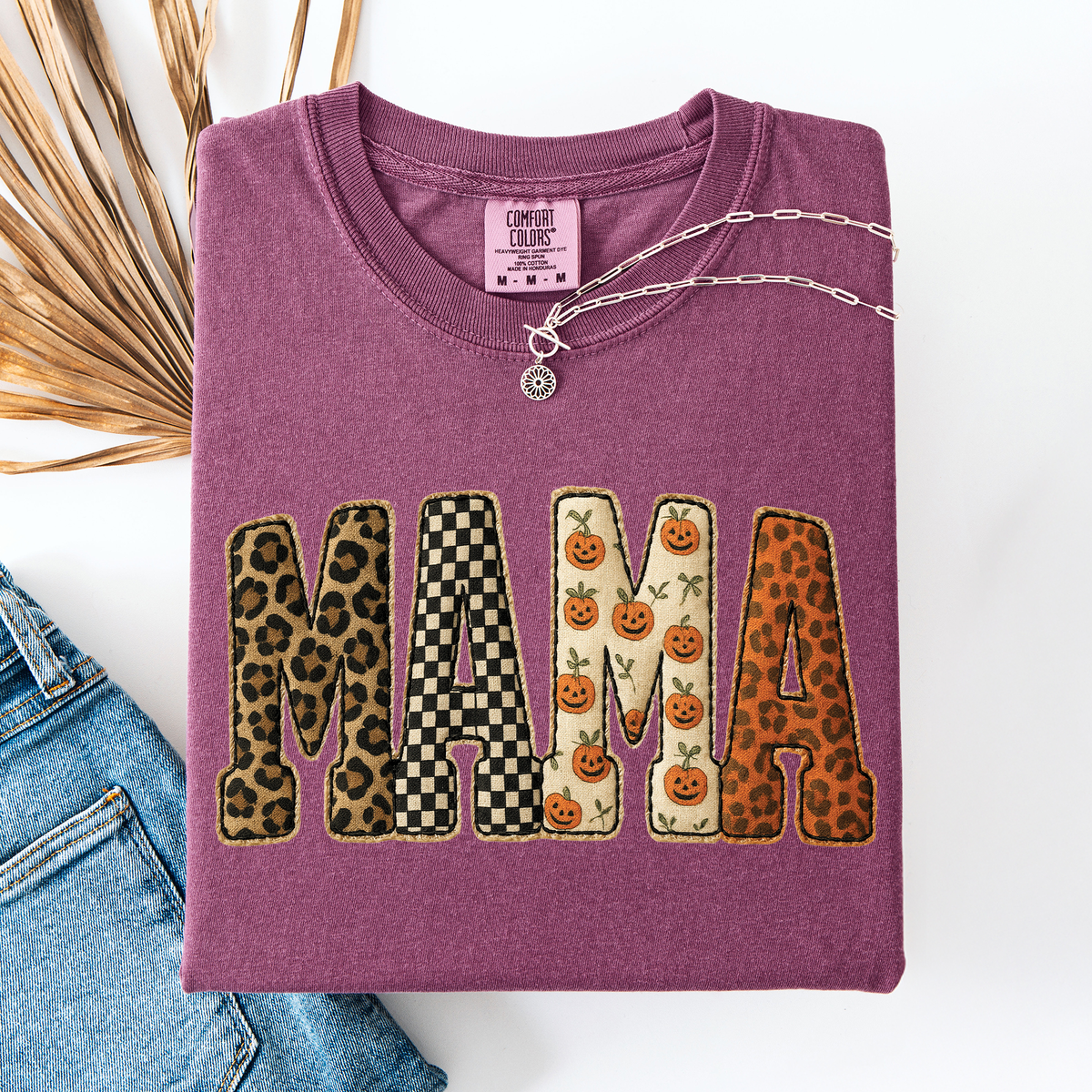 Mama Halloween Pattern Leopard Print Checkered Pumpkin Seasonal Comfort Colors Tee