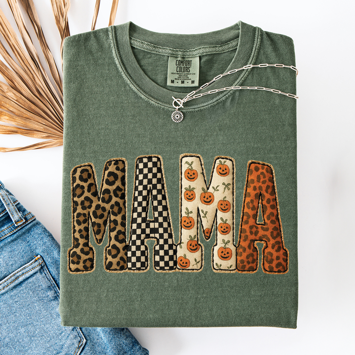Mama Halloween Pattern Leopard Print Checkered Pumpkin Seasonal Comfort Colors Tee