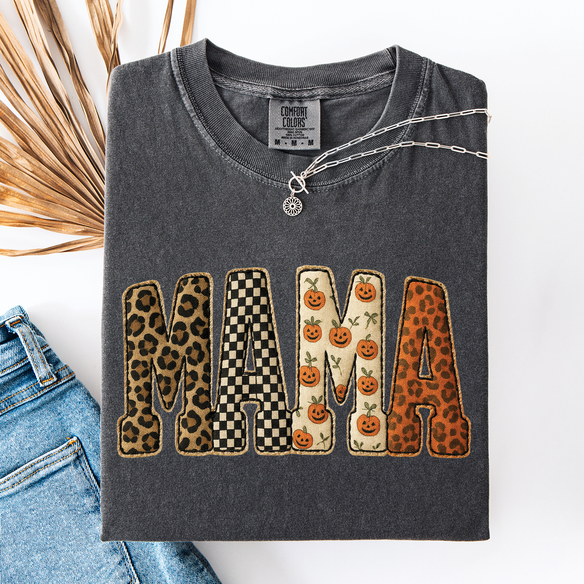 Mama Halloween Pattern Leopard Print Checkered Pumpkin Seasonal Comfort Colors Tee