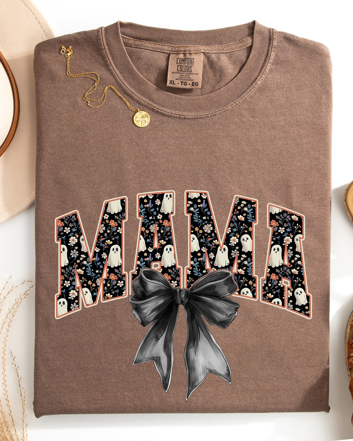 Mama Halloween Bow Ribbon Goth Spooky Witch Varsity Collegiate Comfort Colors Tee
