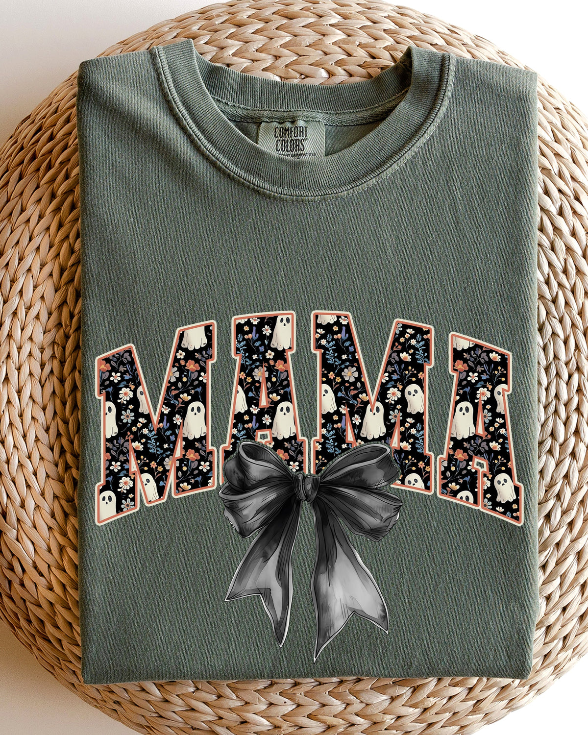 Mama Halloween Bow Ribbon Goth Spooky Witch Varsity Collegiate Comfort Colors Tee