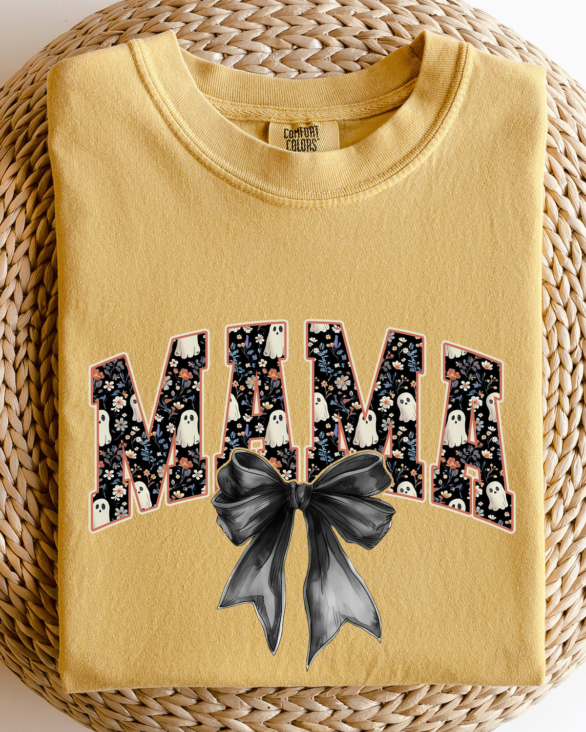 Mama Halloween Bow Ribbon Goth Spooky Witch Varsity Collegiate Comfort Colors Tee
