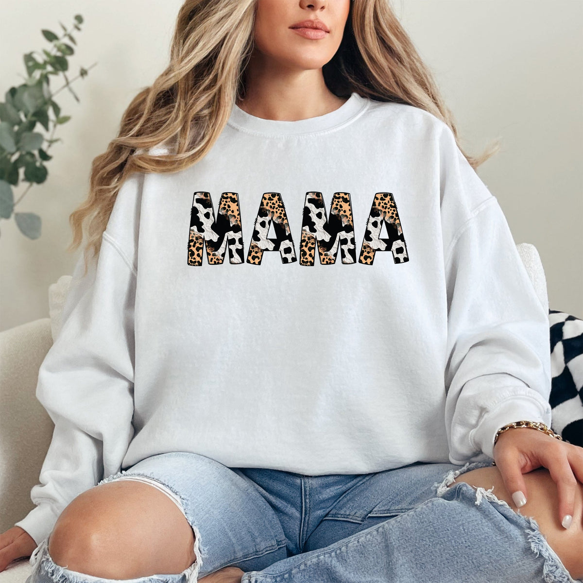 Mama Leopard Cow Print Classic Animal Print Mother's Day Cozy Soft Fleece Sweatshirt