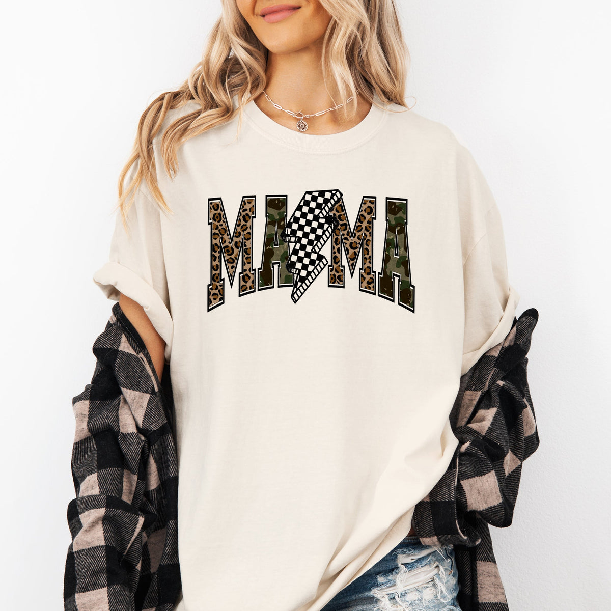 Mama Leopard Print Camo Checkered Lightning Bolt Mother's Day Comfort Colors Tee