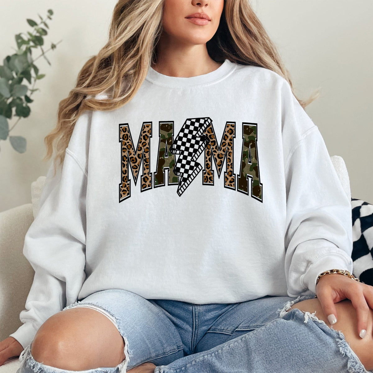 Mama Leopard Print Camouflage Checkered Lightning Bolt Mother's Day Edition Cozy Sweatshirt