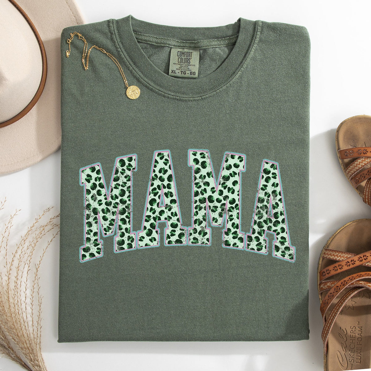 Mama Leopard Print Collegiate Leprechaun Shamrock Clover St Patrick's Day Comfort Colors Tee