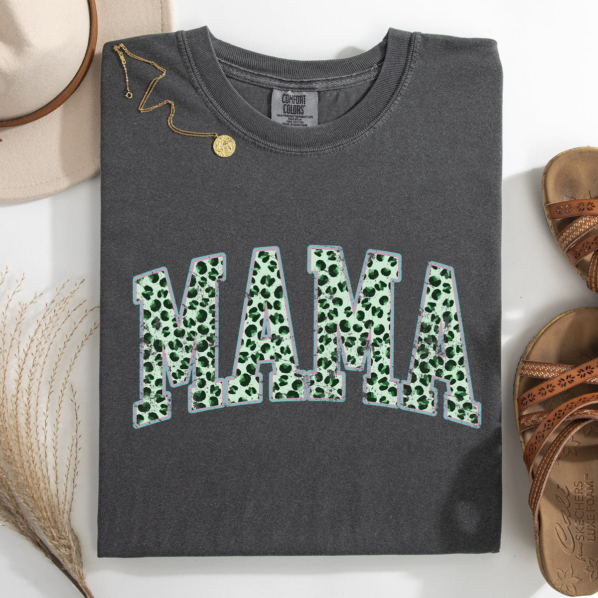Mama Leopard Print Collegiate Leprechaun Shamrock Clover St Patrick's Day Comfort Colors Tee