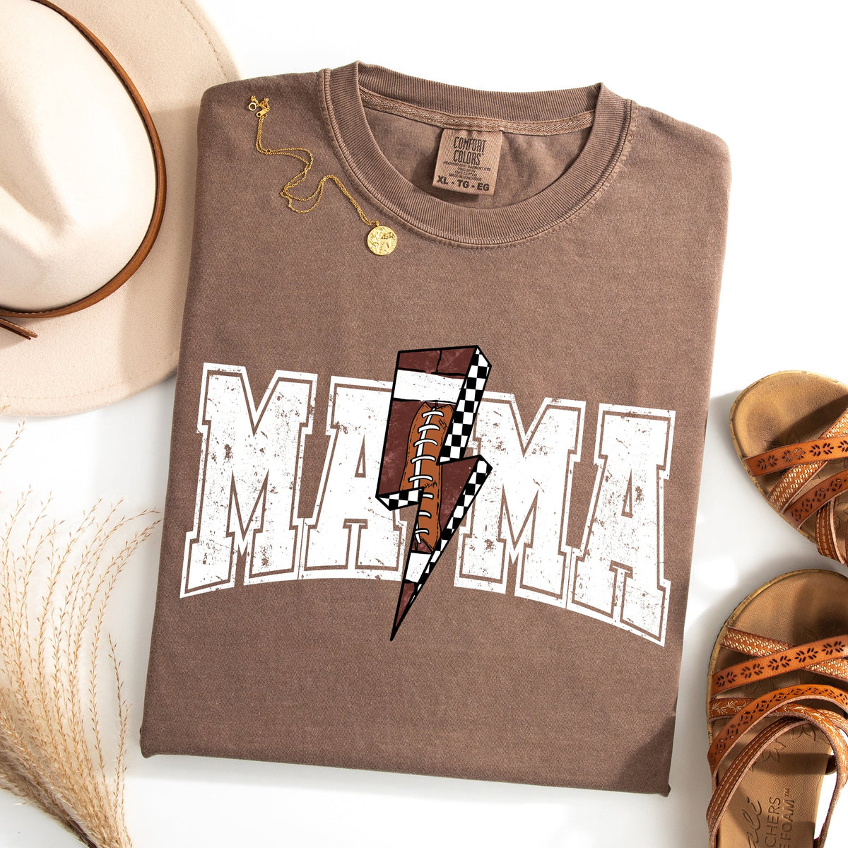 Mama Lightning Bolt Checkered Football Sports Game Day Tailgate Party Comfort Colors Tee