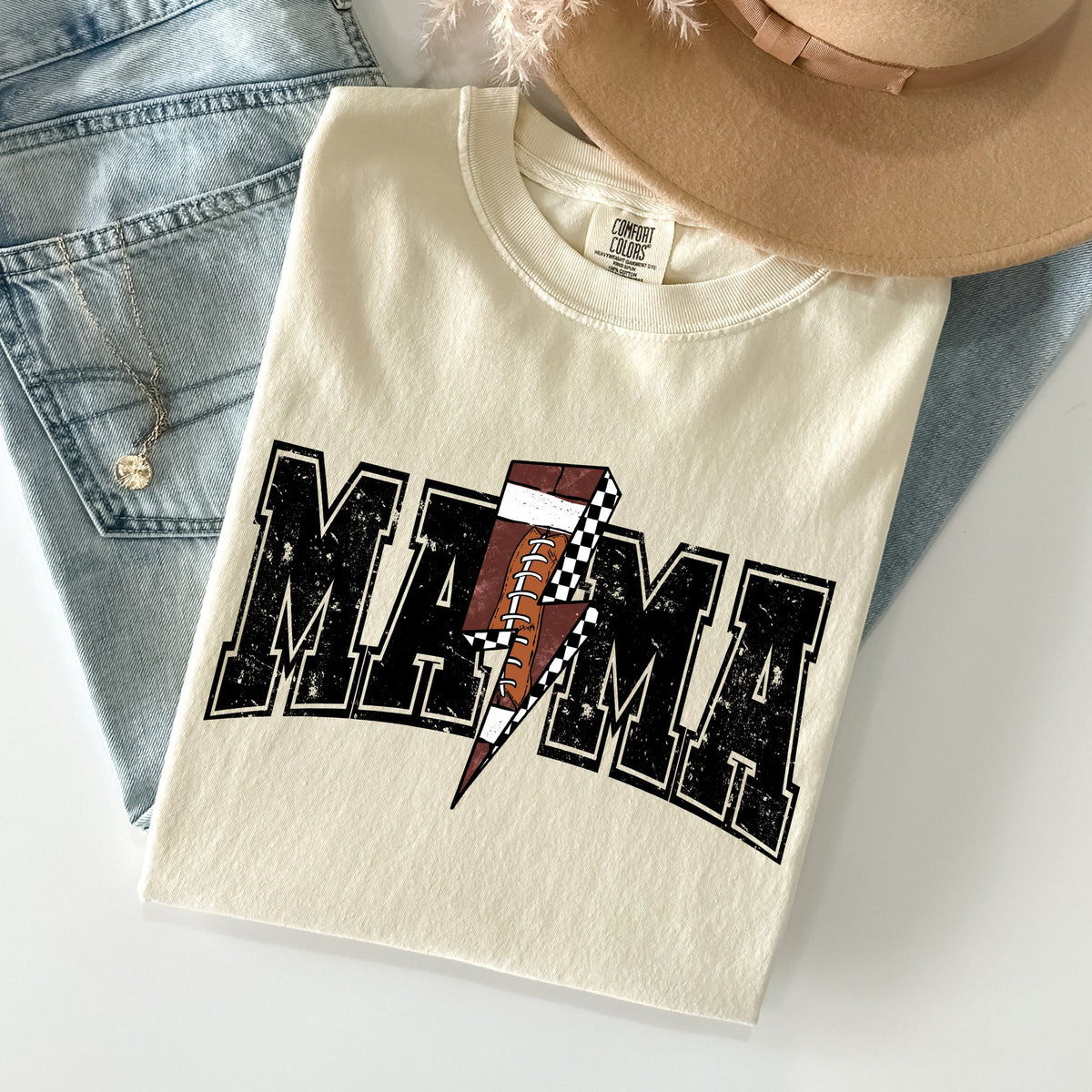 Mama Lightning Bolt Checkered Football Sports Game Day Tailgate Party Comfort Colors Tee