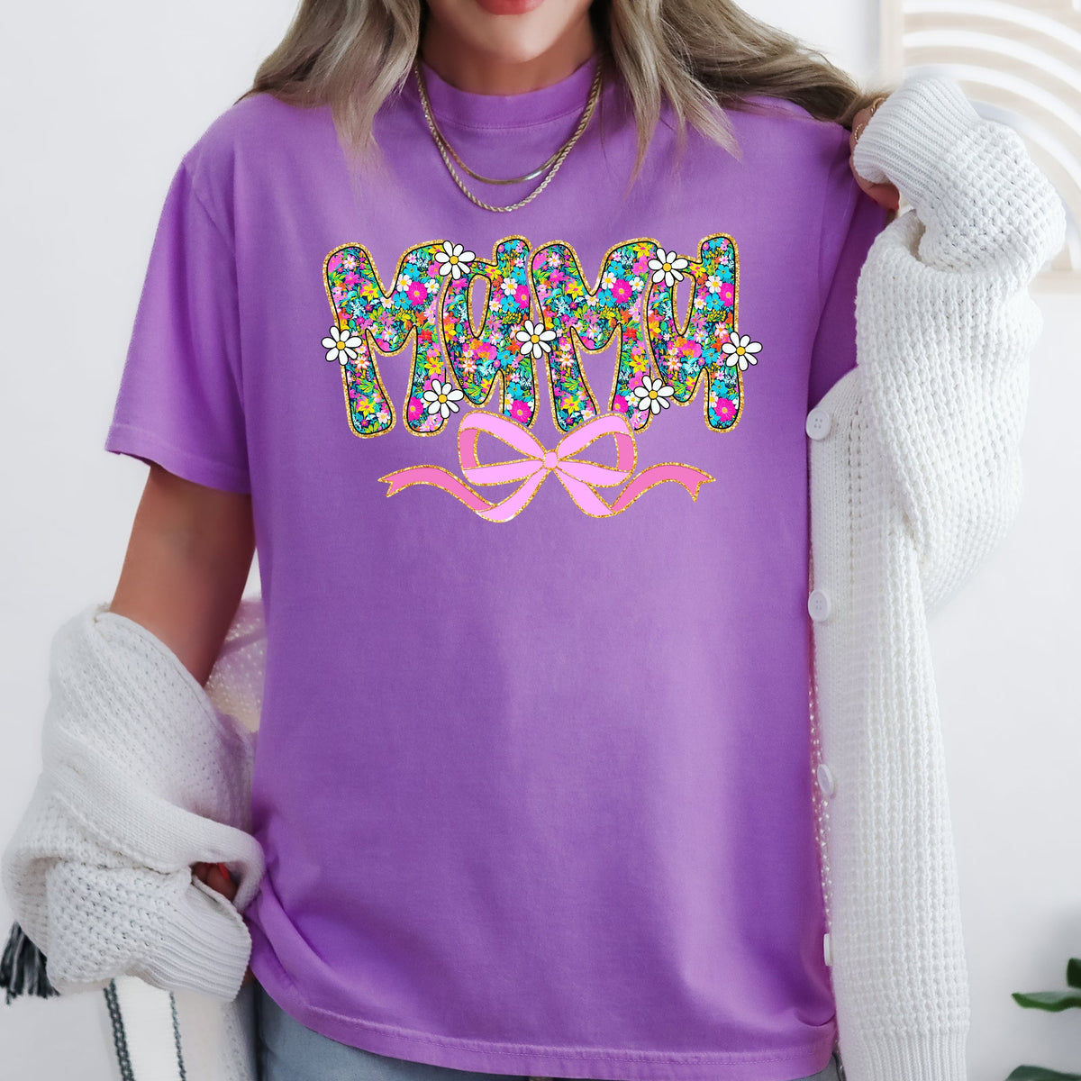 Mama Floral Ribbon Bow Mother's Day Pastel Bouquet Bright Colorful Flowers Comfort Colors Tee