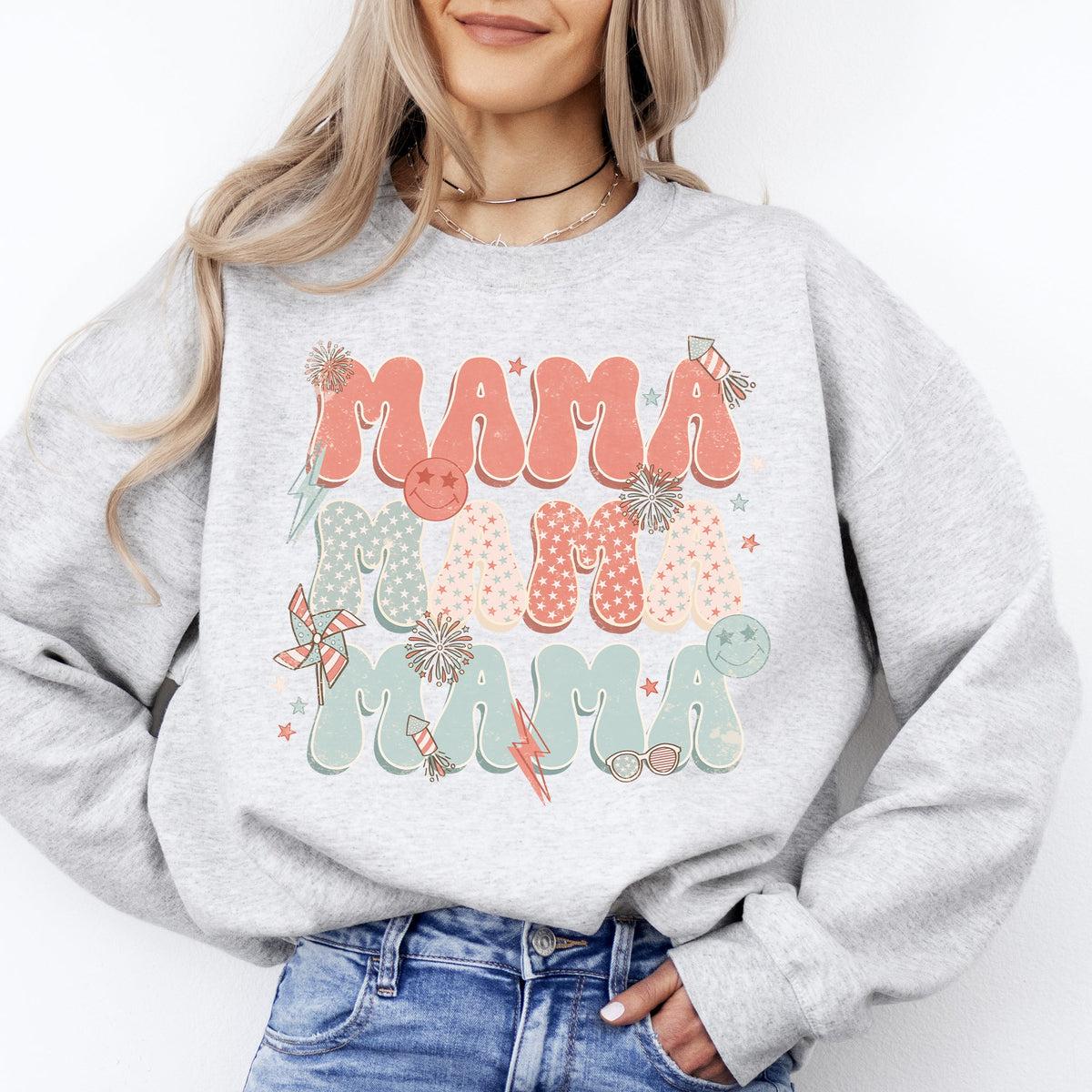 Mama Patriotic 4th of July Fireworks Retro USA America Premium Cozy Fleece Sweatshirt