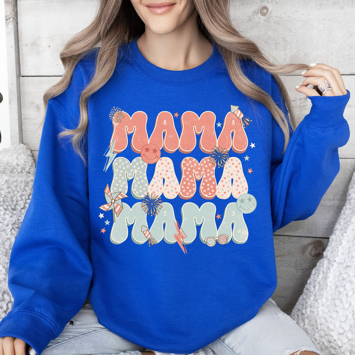 Mama Patriotic 4th of July Fireworks Retro USA America Premium Cozy Fleece Sweatshirt