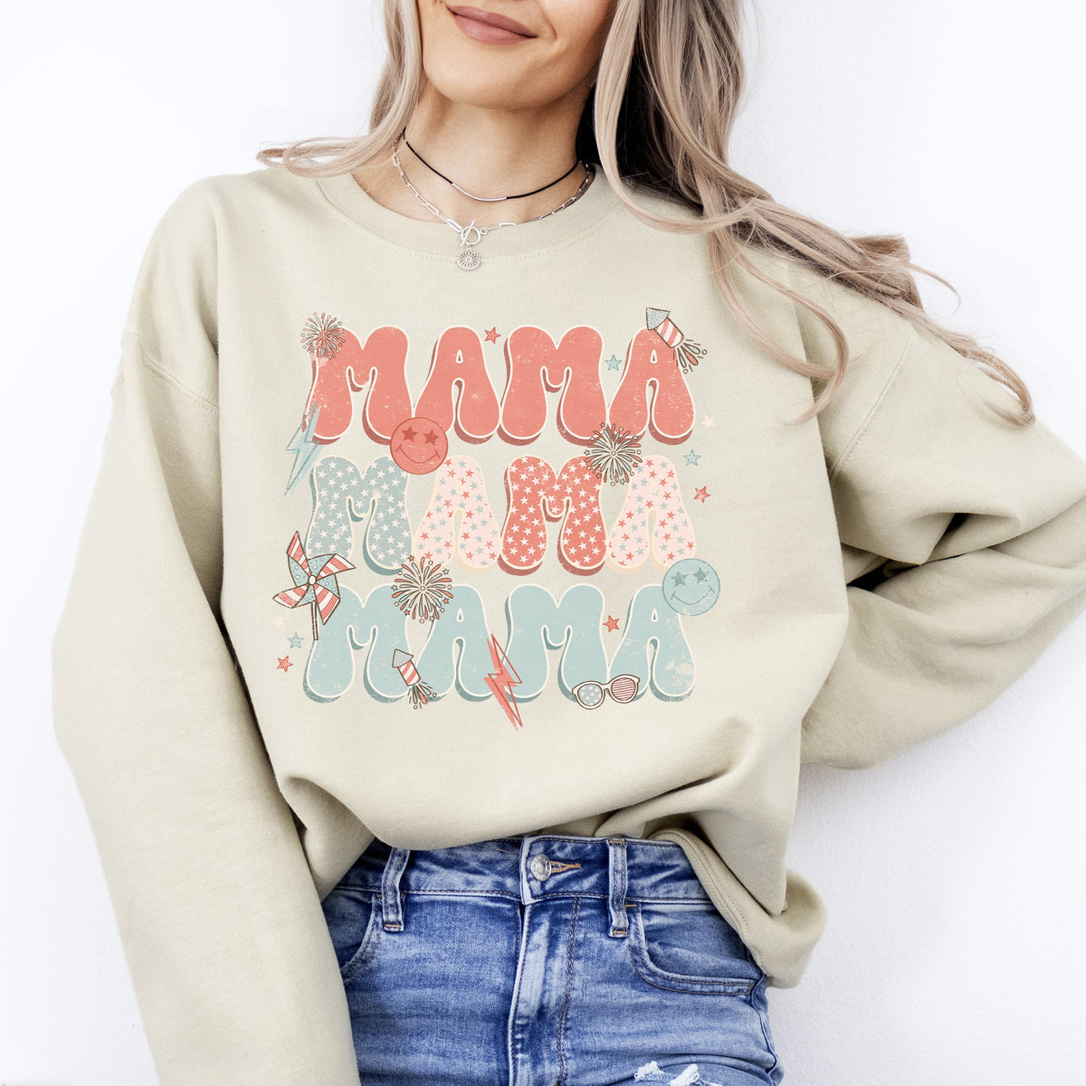 Mama Patriotic 4th of July Fireworks Retro USA America Premium Cozy Fleece Sweatshirt
