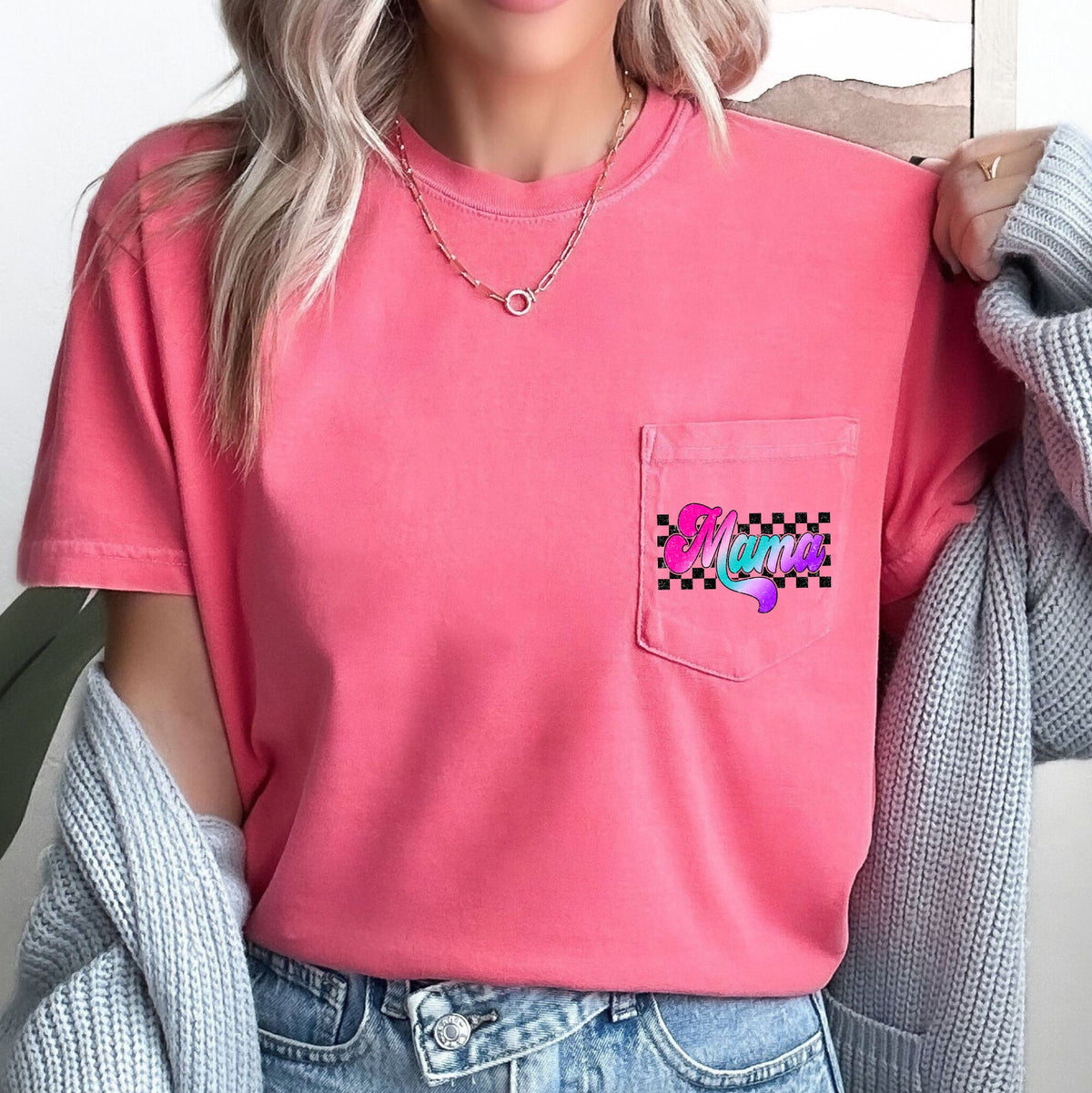 Mama Retro Checkered Lightning Bolt Colorful Ombre Pocket Graphic Comfort Colors Tee