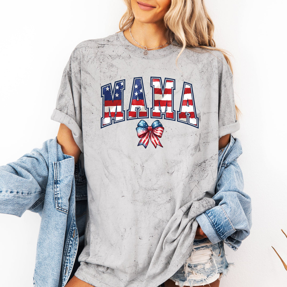 Mama USA Flag Patriotic Varsity Bow Ribbon America Fourth of July Color Blast Comfort Colors Tee