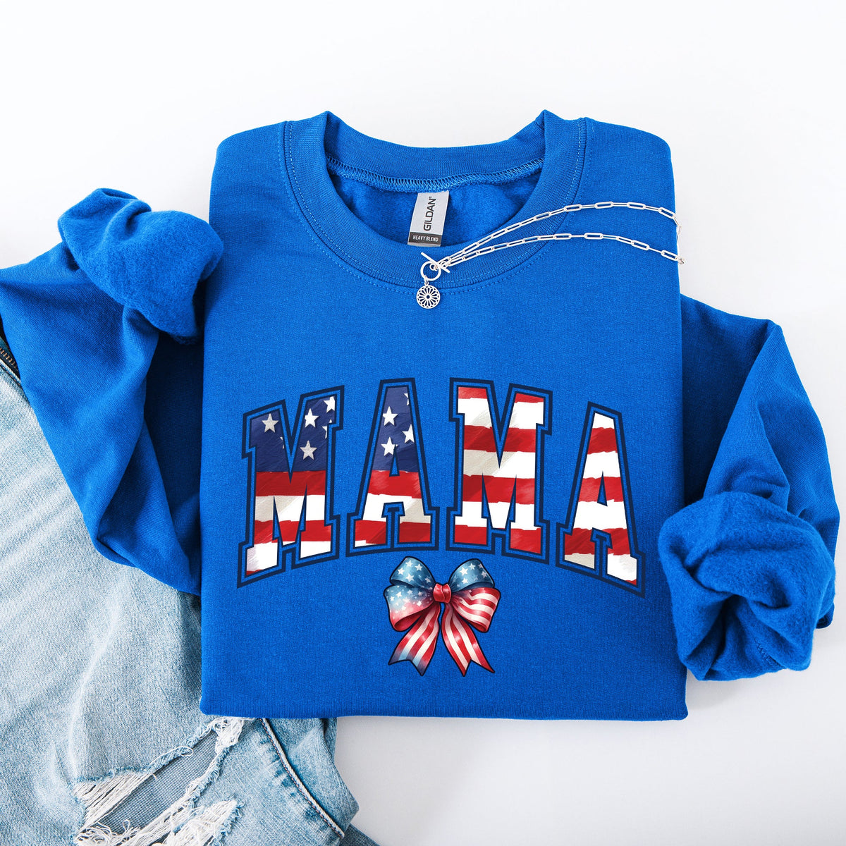 Mama USA Flag Patriotic Varsity Bow Ribbon America 4th Of July Americana Pride Sweatshirt