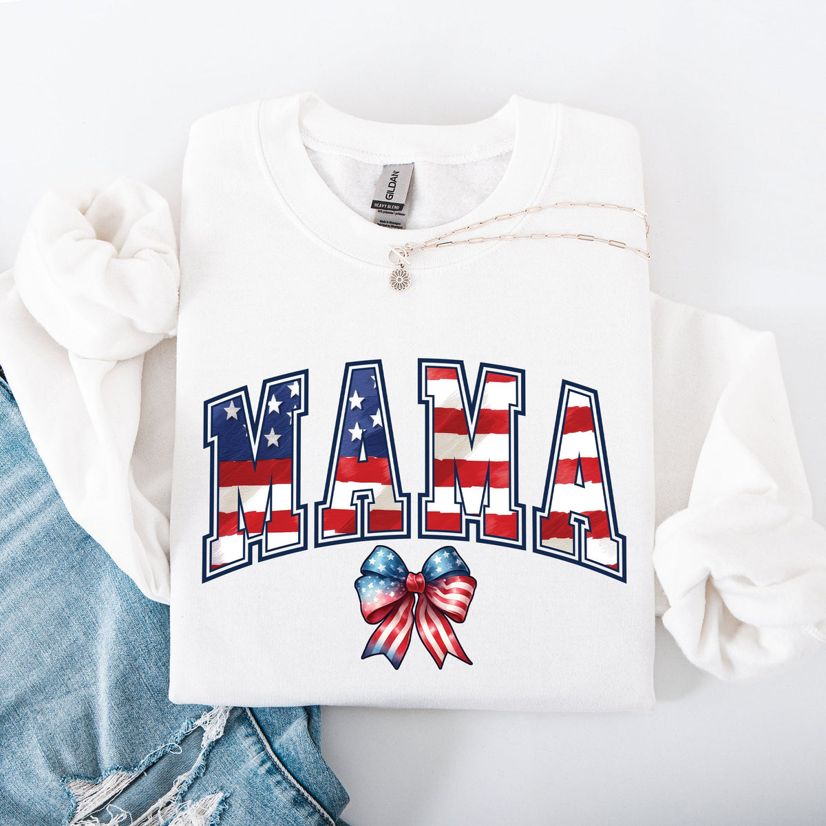 Mama USA Flag Patriotic Varsity Bow Ribbon America 4th Of July Americana Pride Sweatshirt