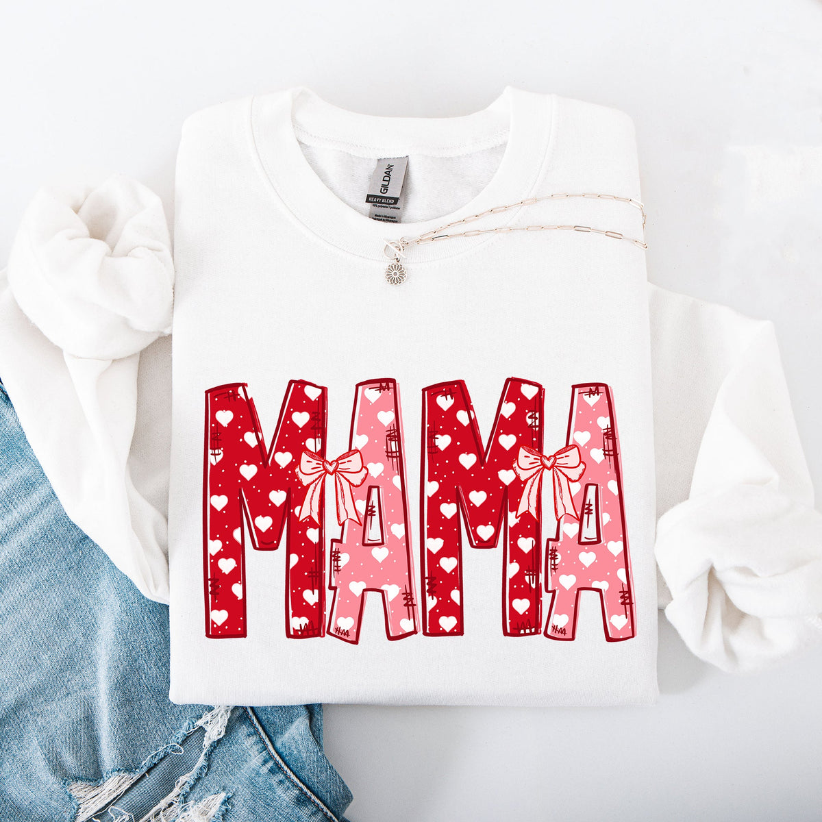Mama Valentine's Day Ribbons Hearts Love Cozy Elegant Classic Fit Statement Sweatshirt