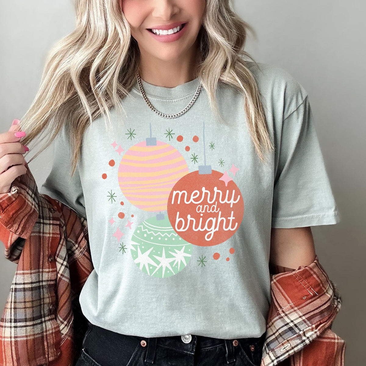 Merry And Bright Pastel Christmas Ornaments Holiday Ornament Pattern Comfort Colors Tee