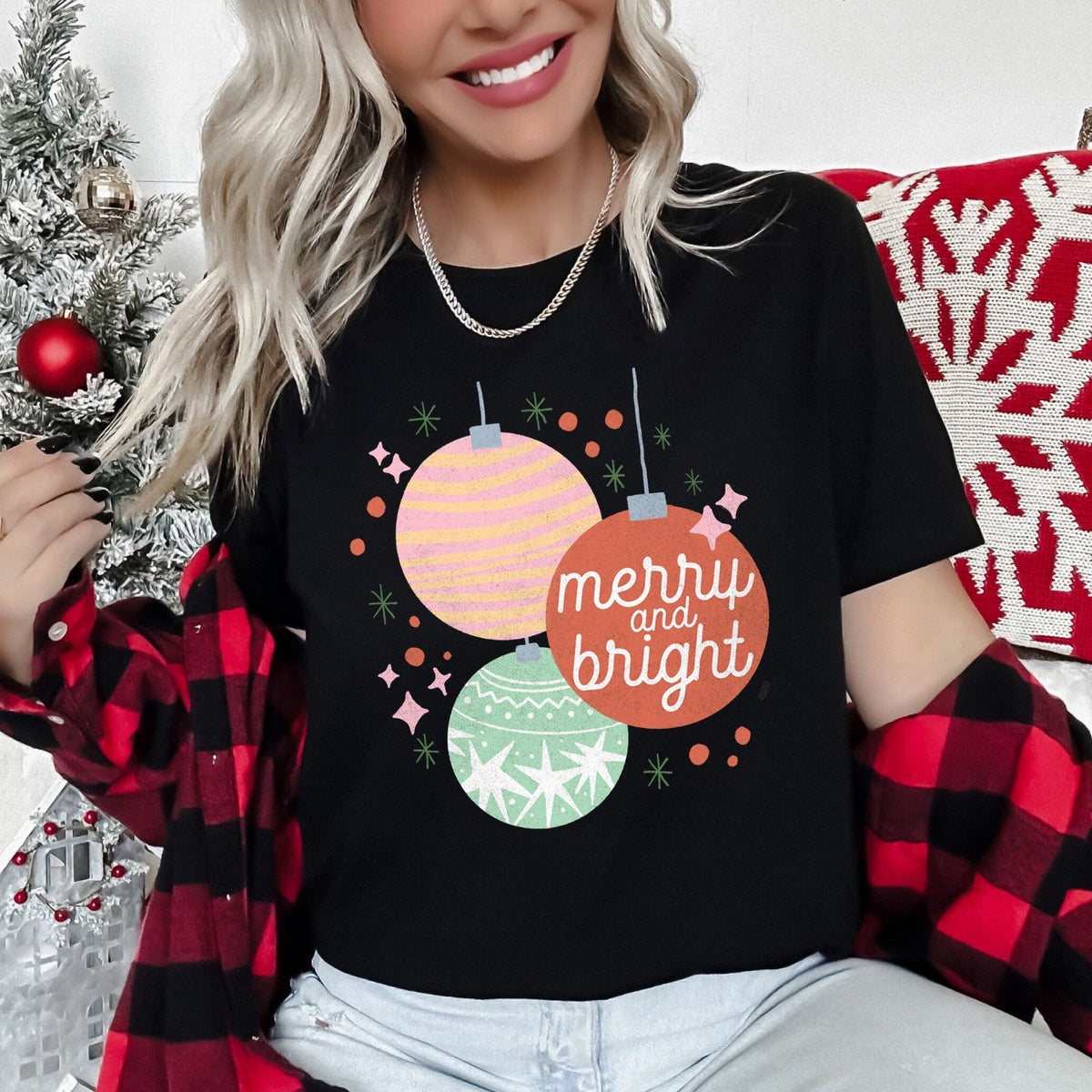 Merry And Bright Pastel Christmas Ornaments Festive Winter Season Holiday Decor Graphic Tee