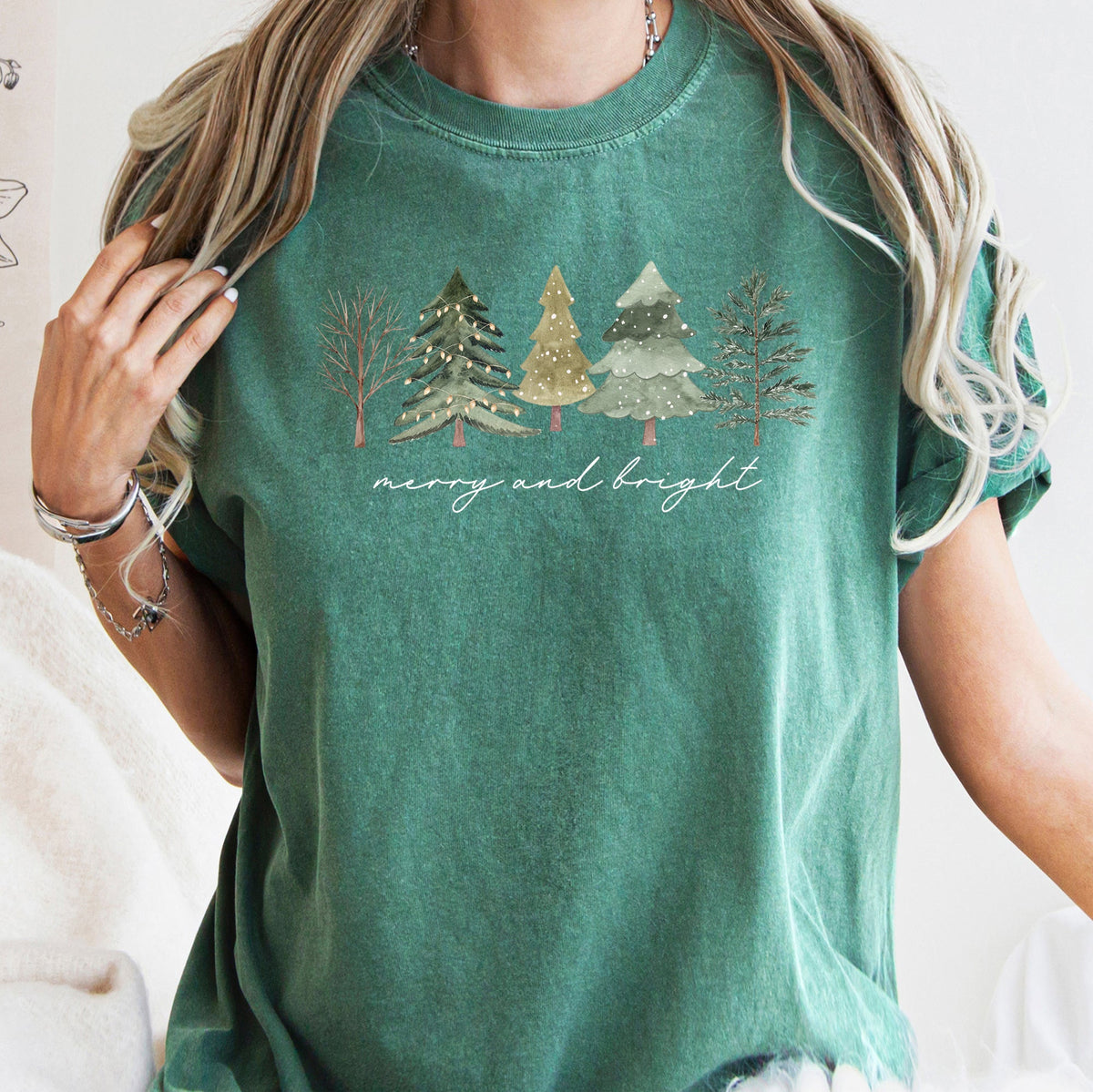 Merry And Bright Watercolor Trees Christmas Illustration Holiday Edition Comfort Colors Tee