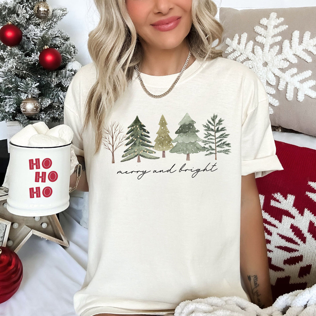 Merry And Bright Watercolor Trees Christmas Illustration Holiday Edition Comfort Colors Tee
