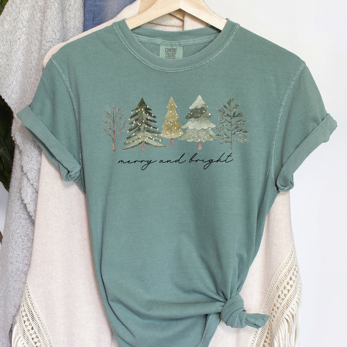Merry And Bright Watercolor Trees Christmas Illustration Holiday Edition Comfort Colors Tee