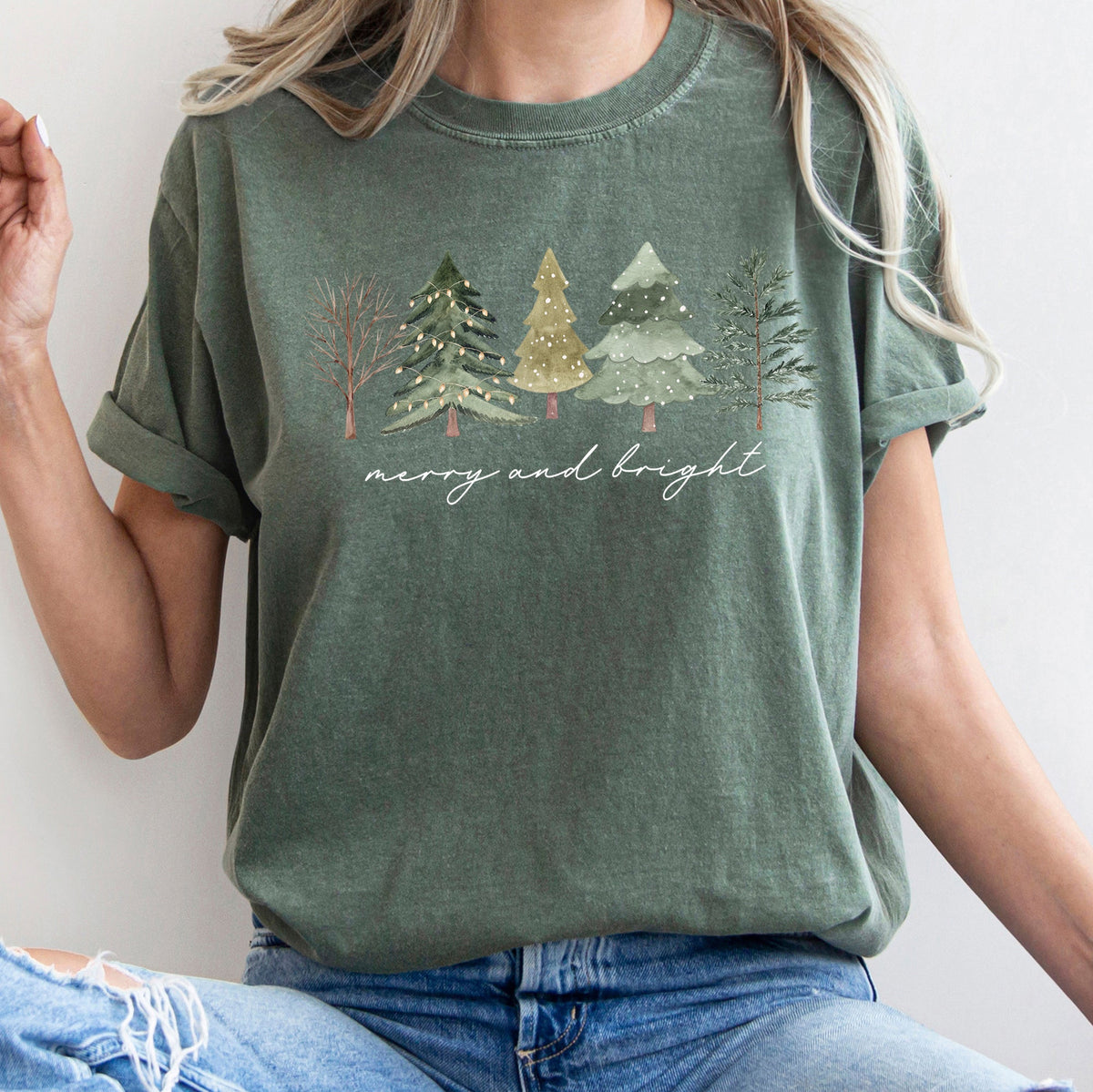 Merry And Bright Watercolor Trees Christmas Illustration Holiday Edition Comfort Colors Tee