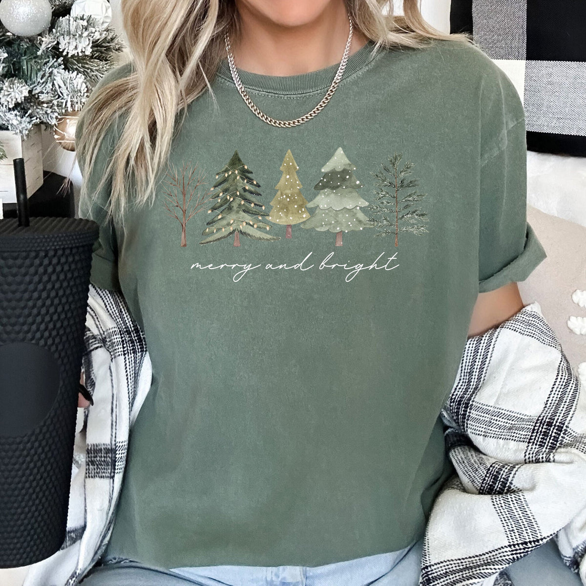 Merry And Bright Watercolor Trees Christmas Illustration Holiday Edition Comfort Colors Tee