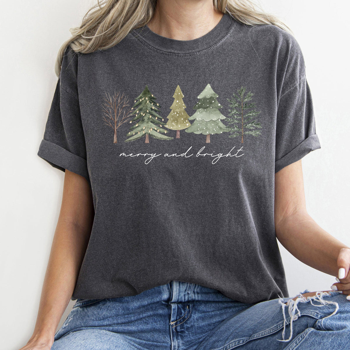 Merry And Bright Watercolor Trees Christmas Illustration Holiday Edition Comfort Colors Tee