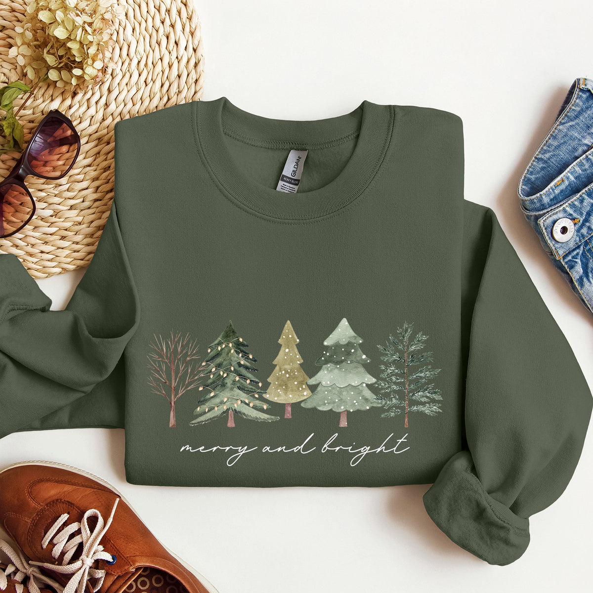 Merry And Bright Watercolor Trees Christmas Holiday Edition Cozy Winter Sweatshirt