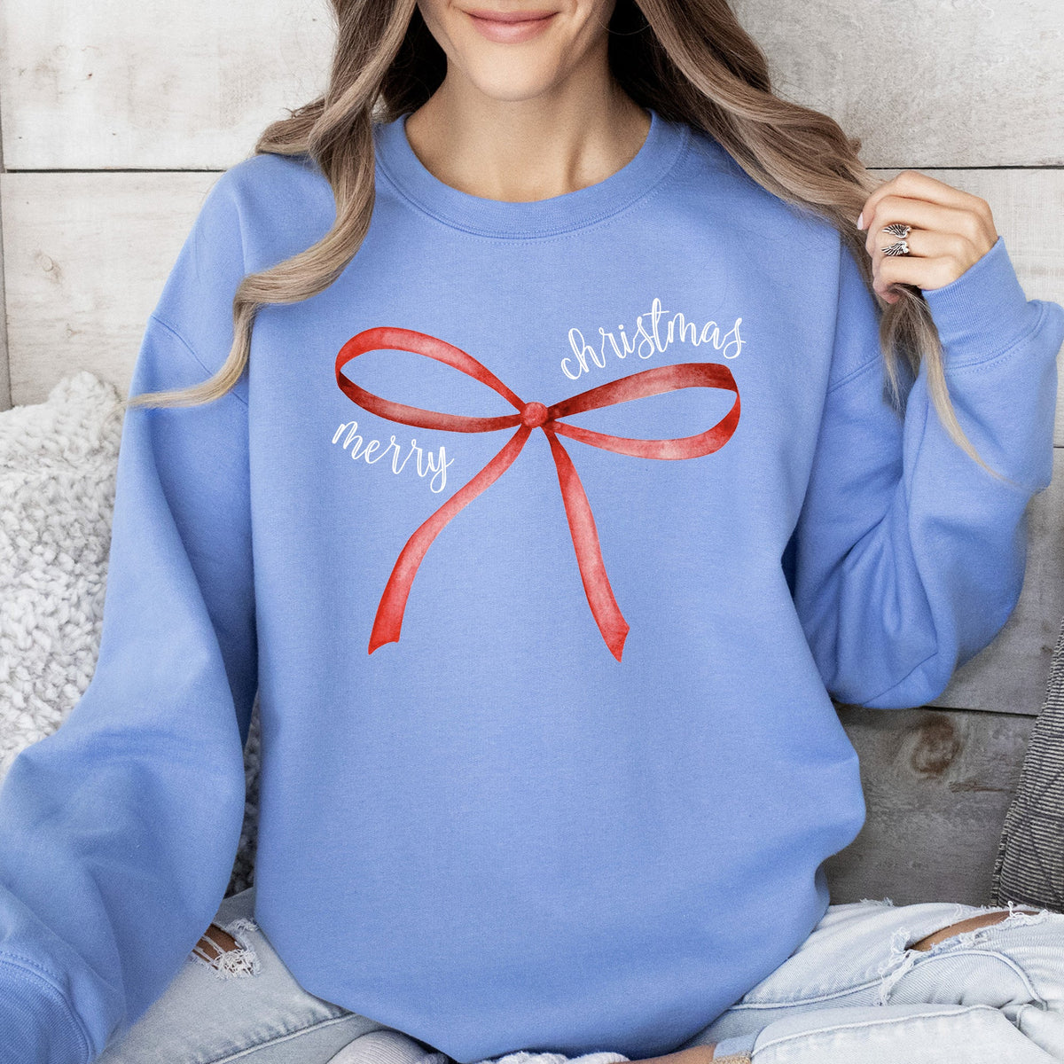 Merry Christmas Bow Coquette Cutesy Santa Classic Girly Cozy Holiday Graphic Sweatshirt