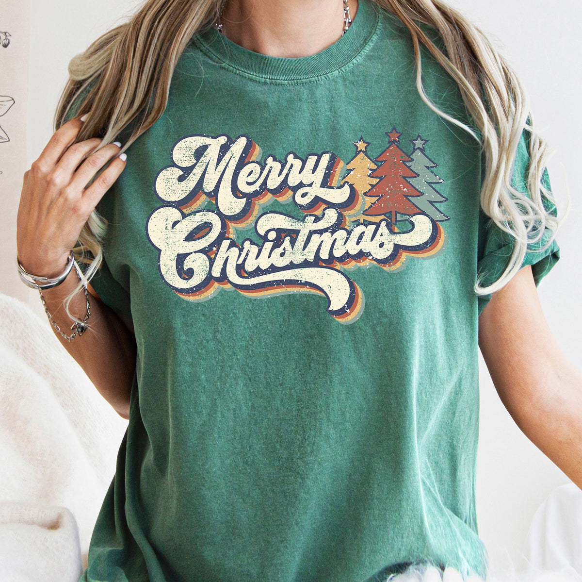 Merry Christmas Retro Trees Stacked Lettering Classic Design Edition Comfort Colors Tee