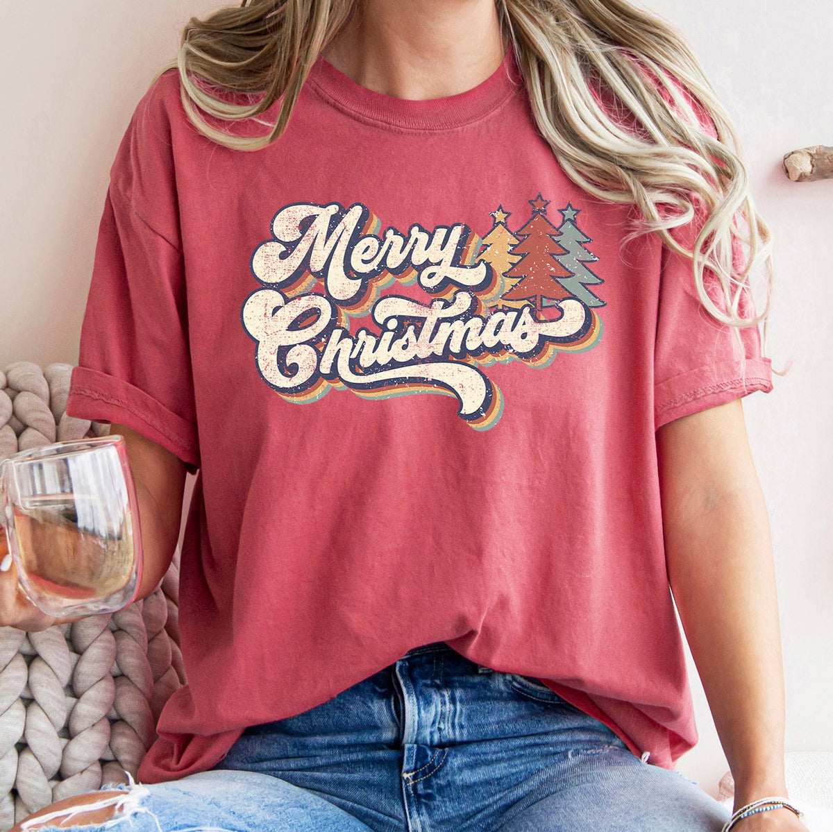 Merry Christmas Retro Trees Stacked Lettering Classic Design Edition Comfort Colors Tee