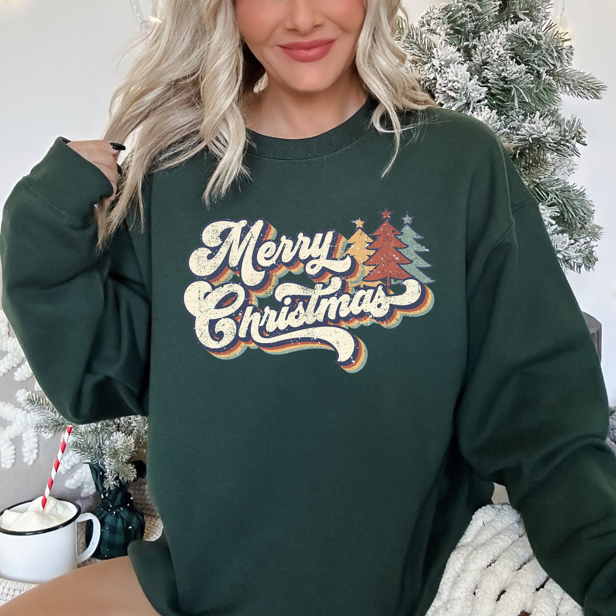 Merry Christmas, Retro Trees Holiday Cheer Vintage Nordic Style Graphic Art Print Sweatshirt